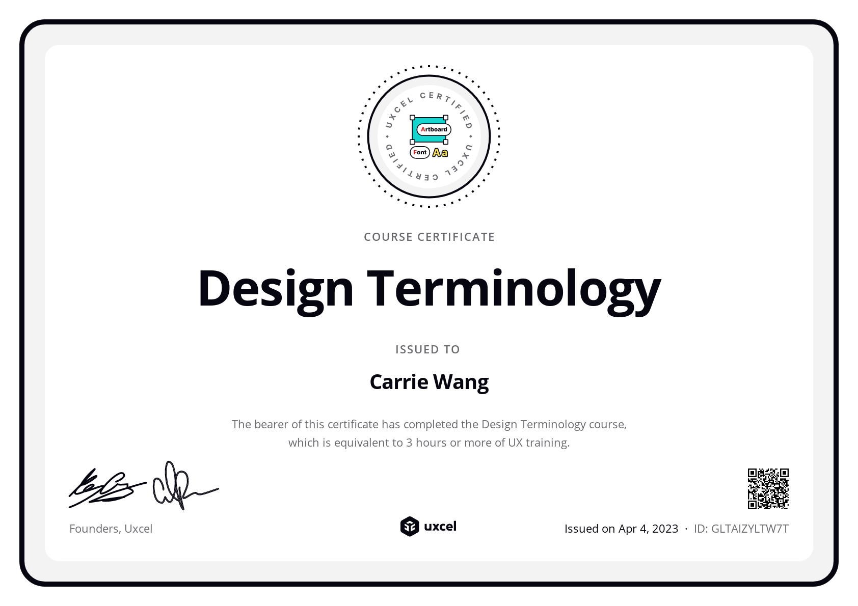 Carrie Wang's certificate